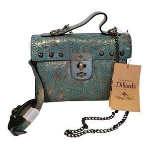 Patricia Nash Carisbrooke Metallic Forest‎ Tooled Leather Crossbody Satchel NWT